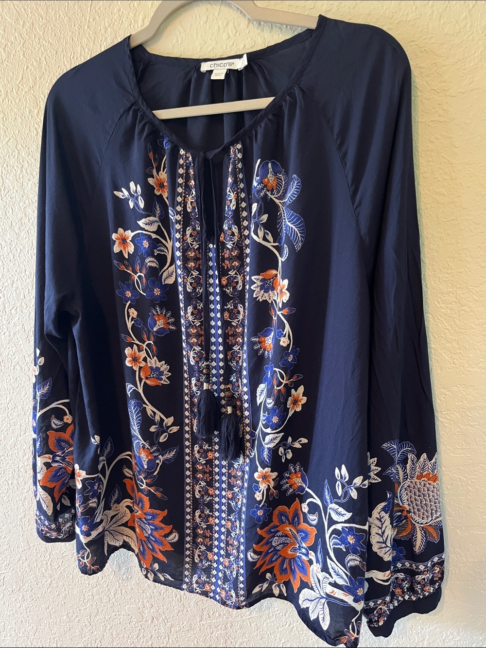Chico's Navy Floral Embroidered Tunic with Orange Accents Size 2